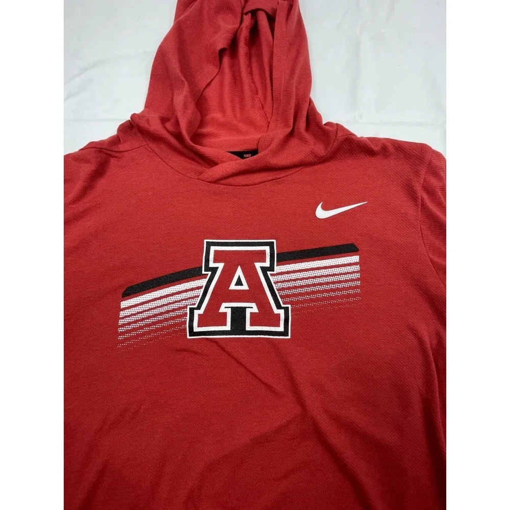 NIKE ARKANSAS RAZORBACKS HOODED PERFORMANCE LONG SLEEVE SHIRT RED MENS LARGE
